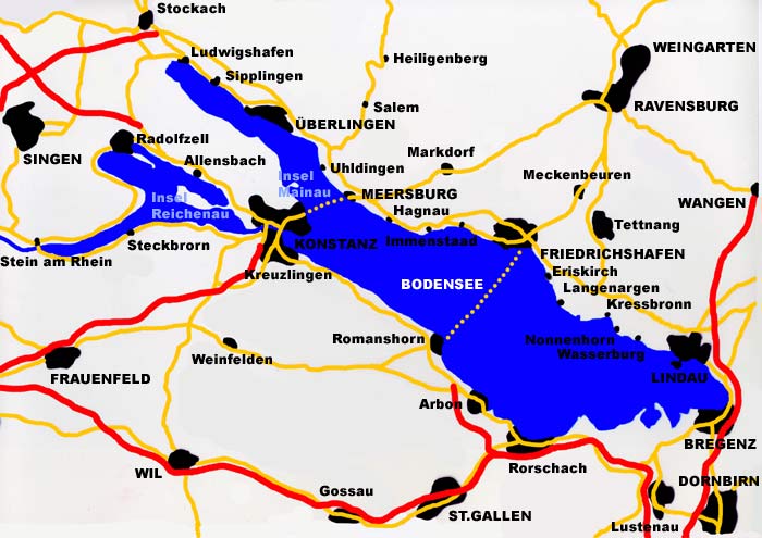 Bodensee Karte - Bodensee Gesamtgebiet - Städte, Straßen, Autobahnen, Fähren, Inseln